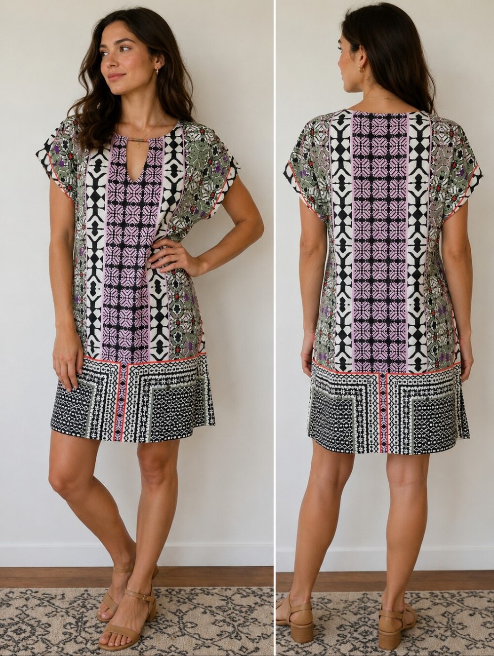 Hale Bob Printed Shift Dress Boho Geometric Keyhole Tunic Mini Dress XS - Picture 2 of 14